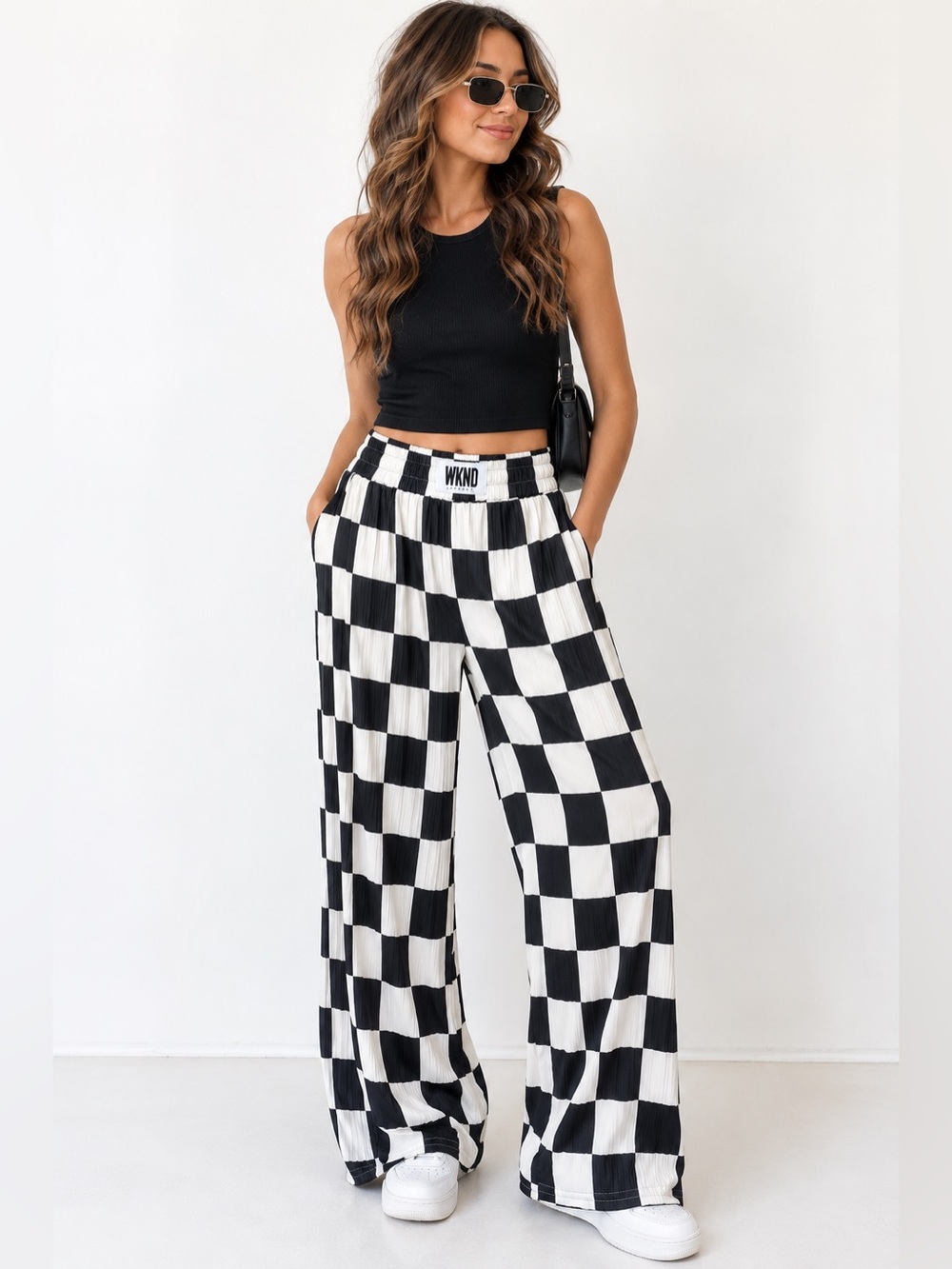 WKND Chasers Plissé Checker Wide Leg Pants Black White Medium